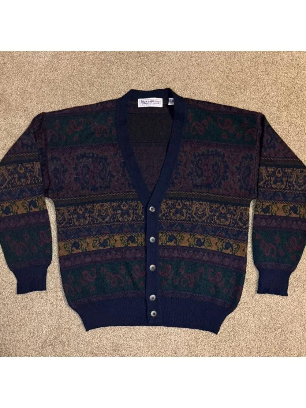 VTG JOHN ASHFORD Cardigan Sweater Wool Blend MEDIUM Preppy Academia Granpa-core